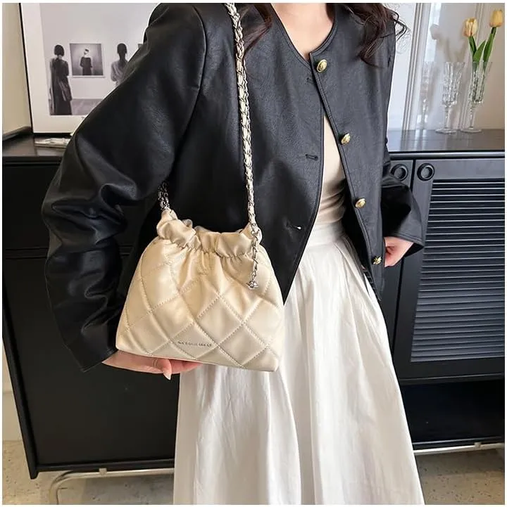 Women's minimalist diamond patterned drawstring one shoulder bucket bag