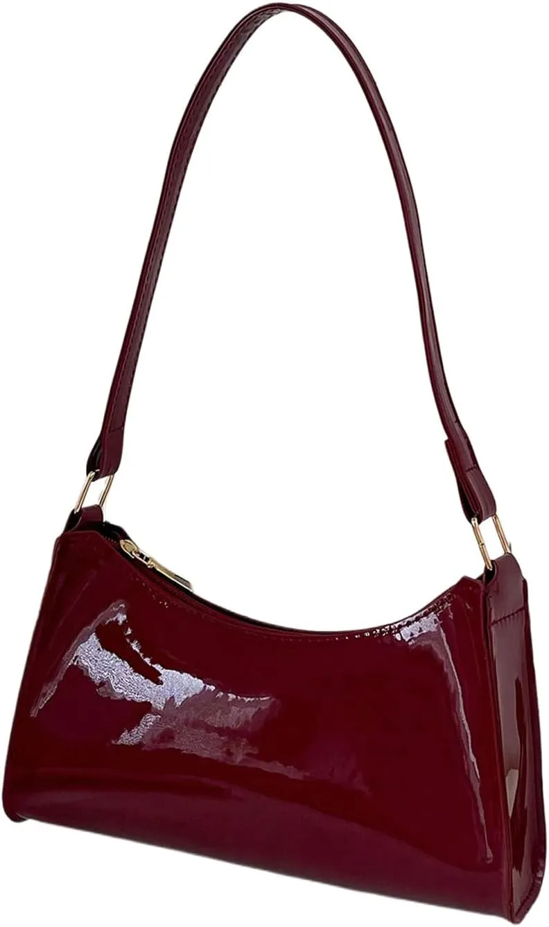 Women's Minimalist Patent Leather Shoulder Bag Small Vintage Zipper Hobo Underarm Bags