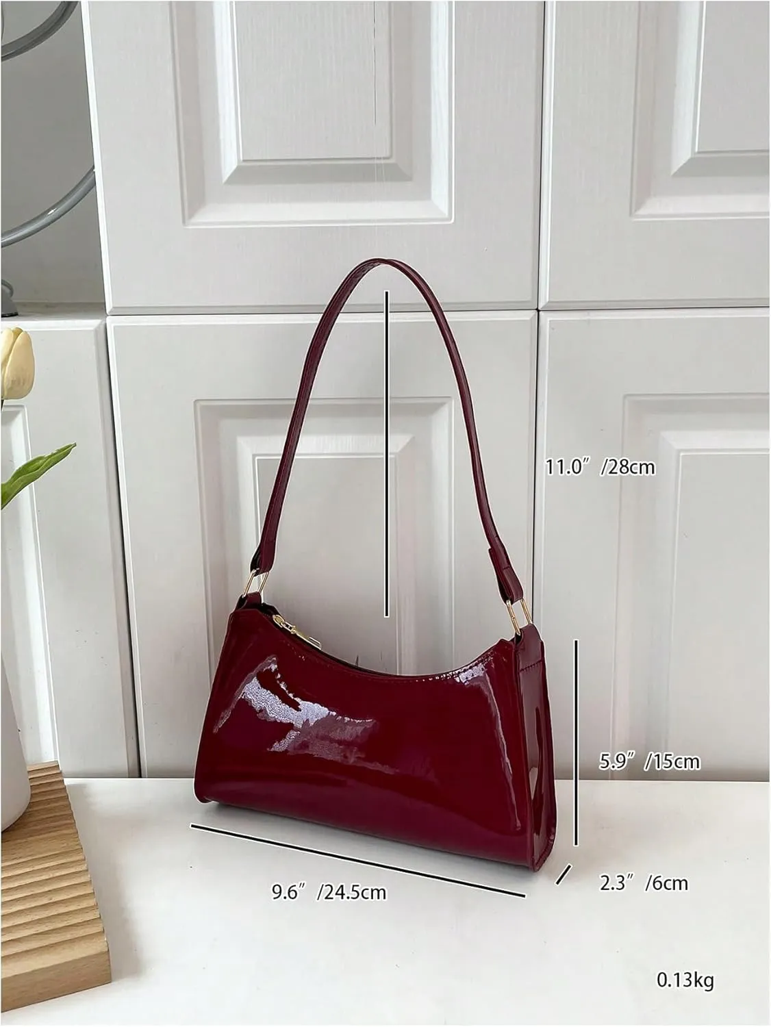 Women's Minimalist Patent Leather Shoulder Bag Small Vintage Zipper Hobo Underarm Bags