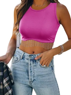Womens Nashville Sparkly Rhinestone Fringe Sleeveless Crop Tops Y2K Raceback Ribbed Cropped Tank Tops with Glitter Tassel