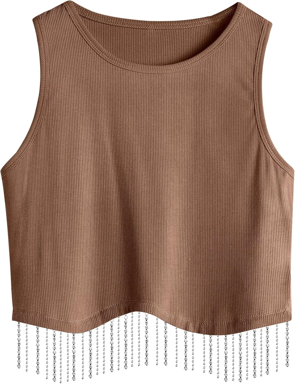 Womens Nashville Sparkly Rhinestone Fringe Sleeveless Crop Tops Y2K Raceback Ribbed Cropped Tank Tops with Glitter Tassel