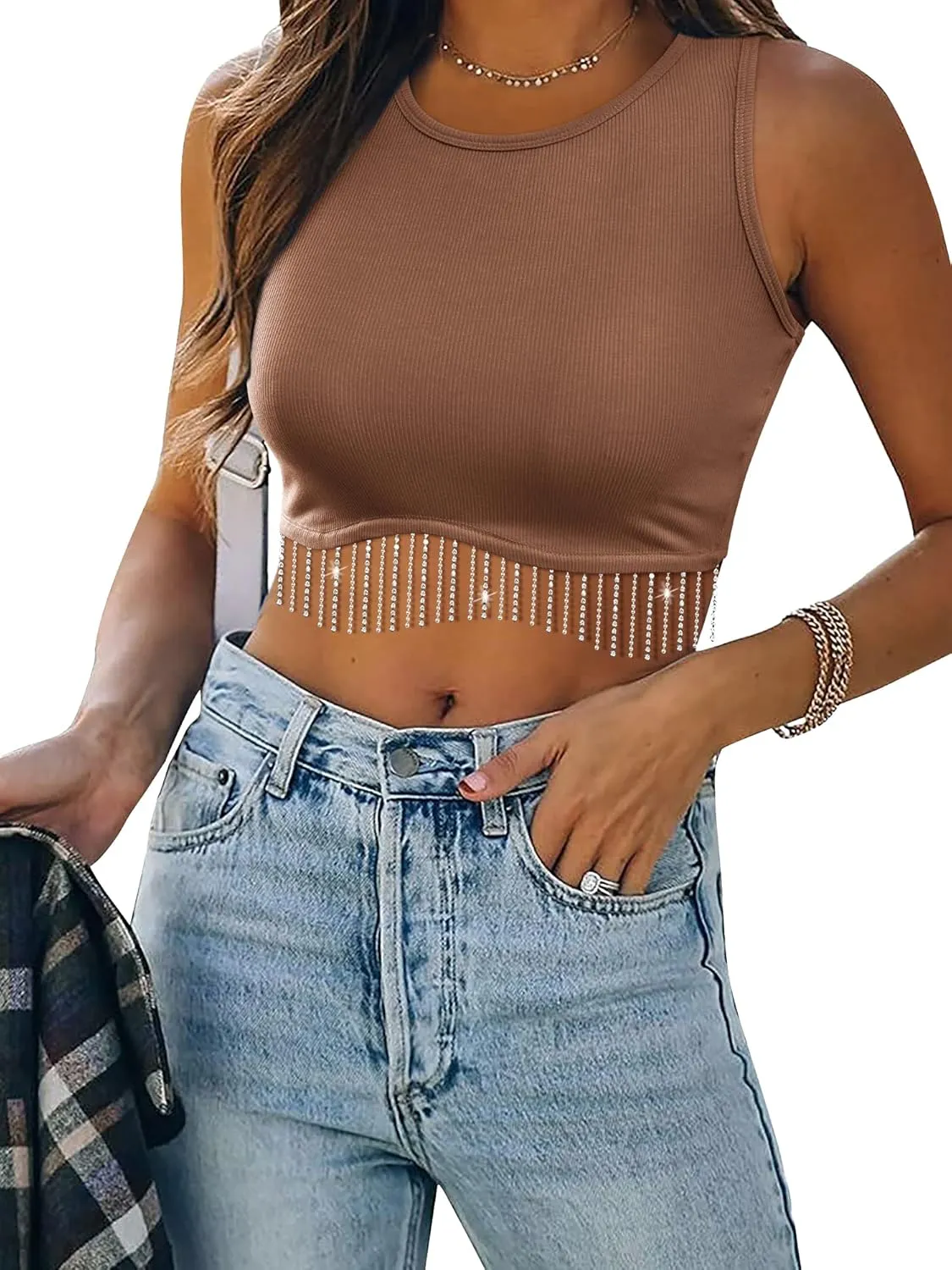 Womens Nashville Sparkly Rhinestone Fringe Sleeveless Crop Tops Y2K Raceback Ribbed Cropped Tank Tops with Glitter Tassel