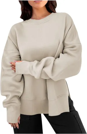 Womens Oversized Hoodies Casual Loose Fall Crewneck Sweatshirts Long Sleeve Trendy Pullover Tops Side Slit