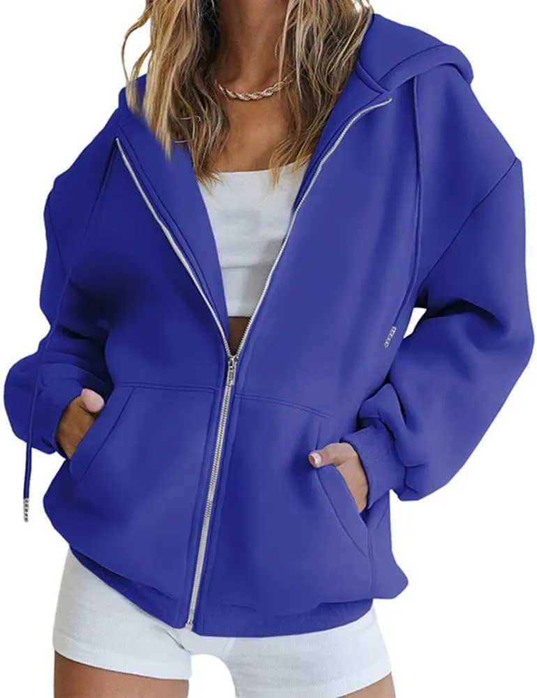 Womens Oversized Zip Up Hoodies Loose Long Sleeve Zipper Hooded Sweatshirt Casual Solid Jackets with Pockets