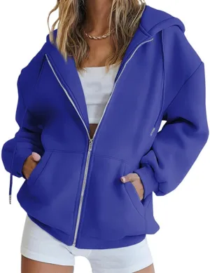 Womens Oversized Zip Up Hoodies Loose Long Sleeve Zipper Hooded Sweatshirt Casual Solid Jackets with Pockets