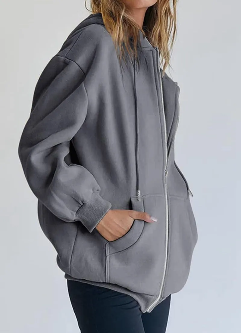 Womens Oversized Zip Up Hoodies Loose Long Sleeve Zipper Hooded Sweatshirt Casual Solid Jackets with Pockets