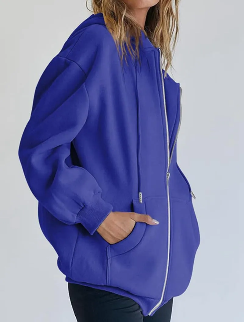 Womens Oversized Zip Up Hoodies Loose Long Sleeve Zipper Hooded Sweatshirt Casual Solid Jackets with Pockets
