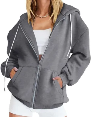 Womens Oversized Zip Up Hoodies Loose Long Sleeve Zipper Hooded Sweatshirt Casual Solid Jackets with Pockets