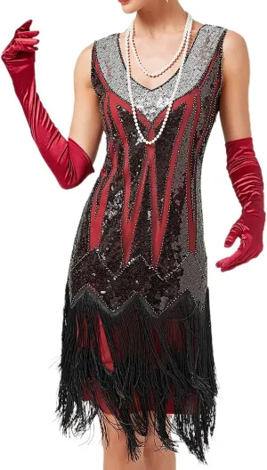 Women's Plus Size Flapper Dress Fringe Glitter Beaded Swing Roaring 20s Gatsby Short Sequin Masquerade Dresses