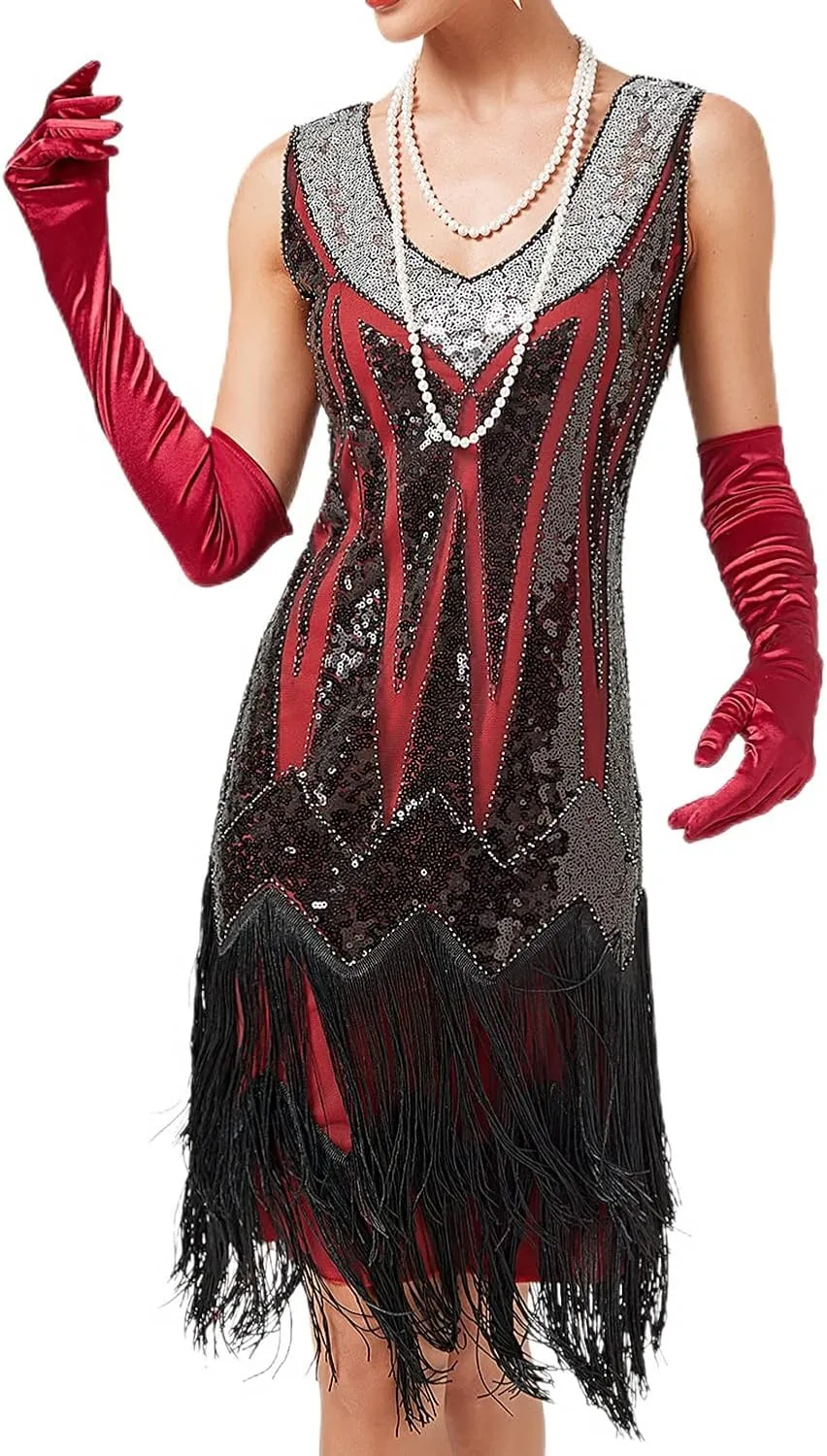 Women's Plus Size Flapper Dress Fringe Glitter Beaded Swing Roaring 20s Gatsby Short Sequin Masquerade Dresses