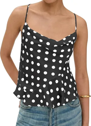 Womens Polka Dot Satin Tank Tops Cowl Neck Tie Back Sleeveless Shirts Asymmetrical Ruffle Hem Camisole Crop Tops