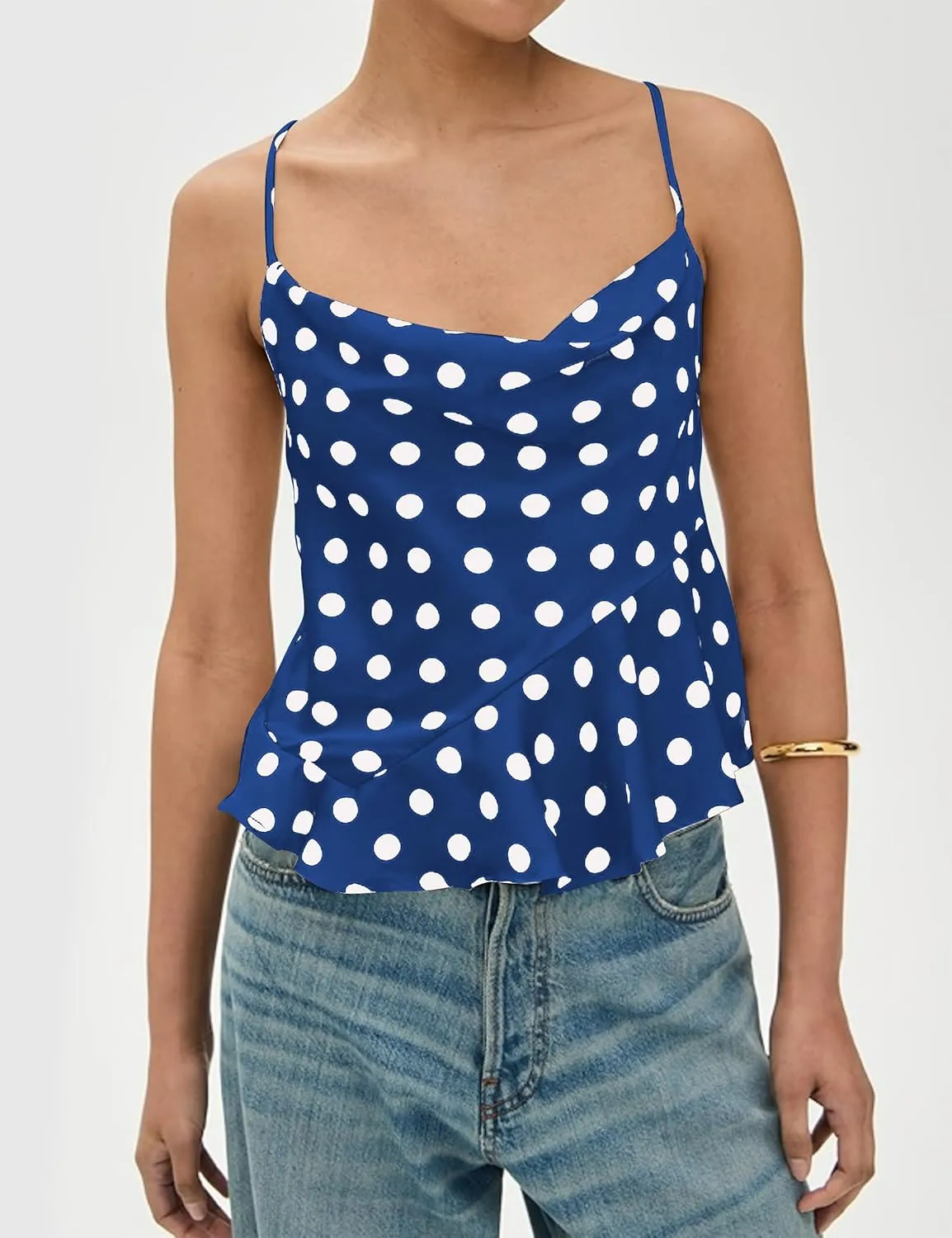Womens Polka Dot Satin Tank Tops Cowl Neck Tie Back Sleeveless Shirts Asymmetrical Ruffle Hem Camisole Crop Tops