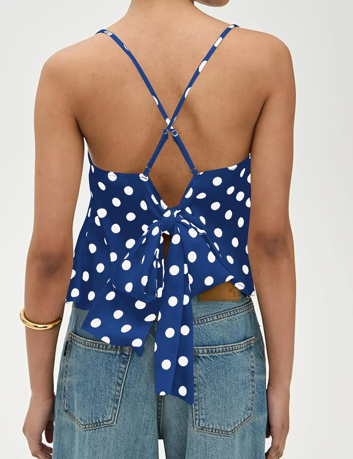 Womens Polka Dot Satin Tank Tops Cowl Neck Tie Back Sleeveless Shirts Asymmetrical Ruffle Hem Camisole Crop Tops