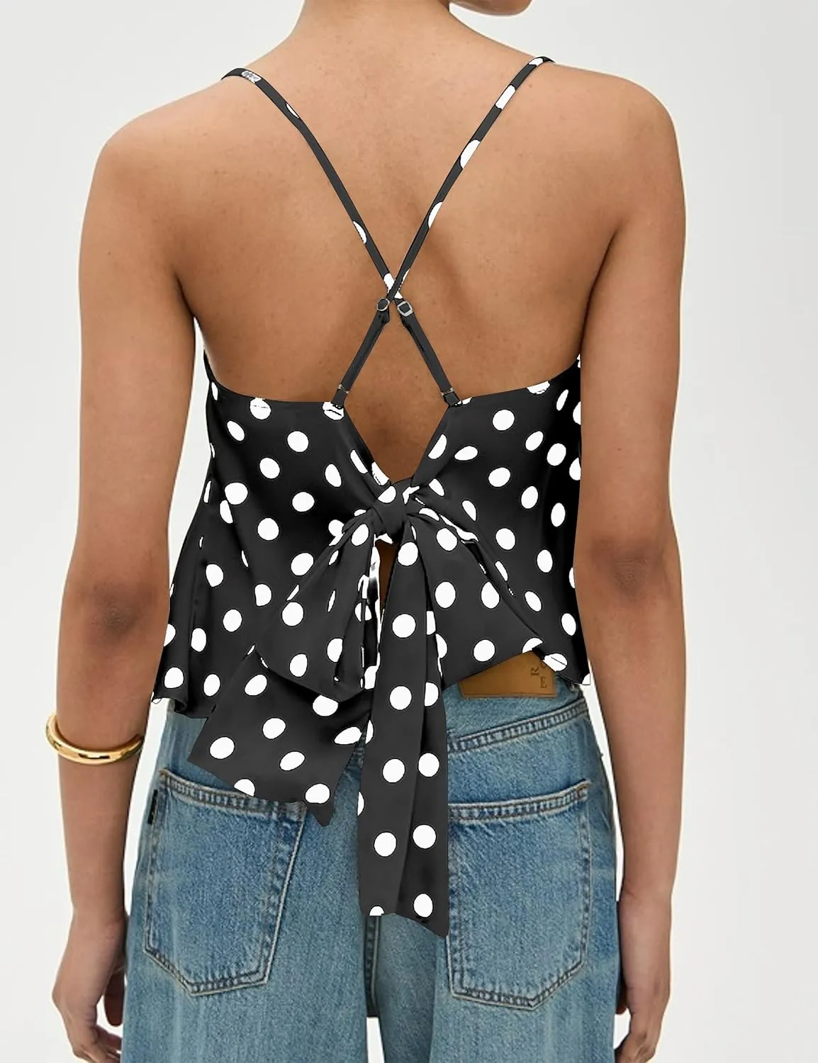 Womens Polka Dot Satin Tank Tops Cowl Neck Tie Back Sleeveless Shirts Asymmetrical Ruffle Hem Camisole Crop Tops