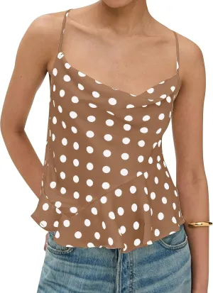 Womens Polka Dot Satin Tank Tops Cowl Neck Tie Back Sleeveless Shirts Asymmetrical Ruffle Hem Camisole Crop Tops
