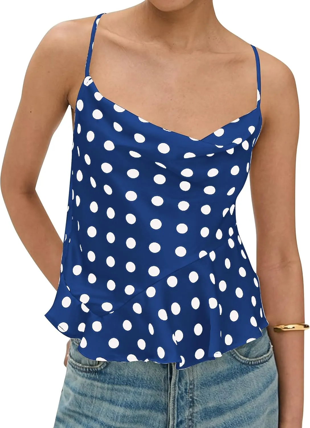 Womens Polka Dot Satin Tank Tops Cowl Neck Tie Back Sleeveless Shirts Asymmetrical Ruffle Hem Camisole Crop Tops