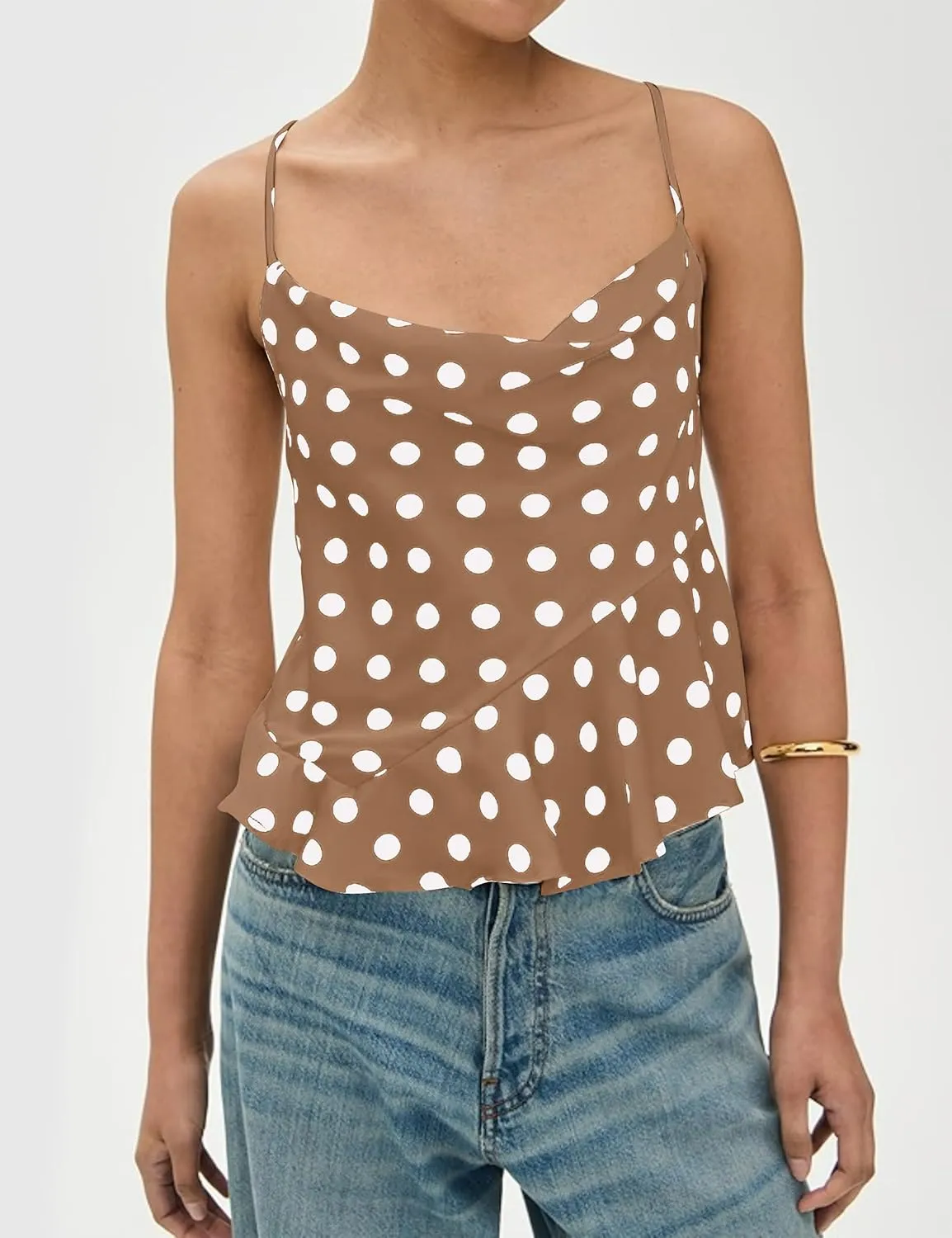 Womens Polka Dot Satin Tank Tops Cowl Neck Tie Back Sleeveless Shirts Asymmetrical Ruffle Hem Camisole Crop Tops