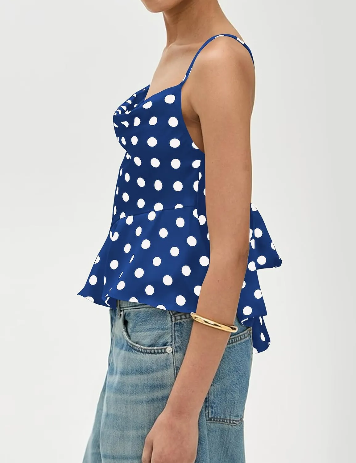 Womens Polka Dot Satin Tank Tops Cowl Neck Tie Back Sleeveless Shirts Asymmetrical Ruffle Hem Camisole Crop Tops