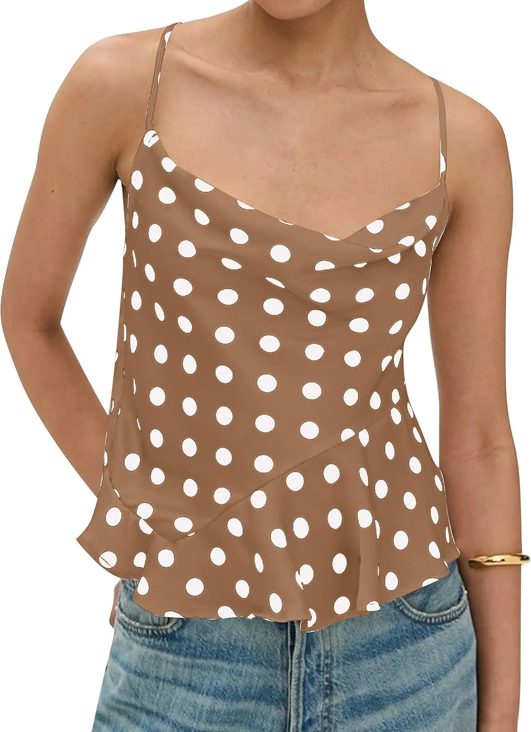 Womens Polka Dot Satin Tank Tops Cowl Neck Tie Back Sleeveless Shirts Asymmetrical Ruffle Hem Camisole Crop Tops