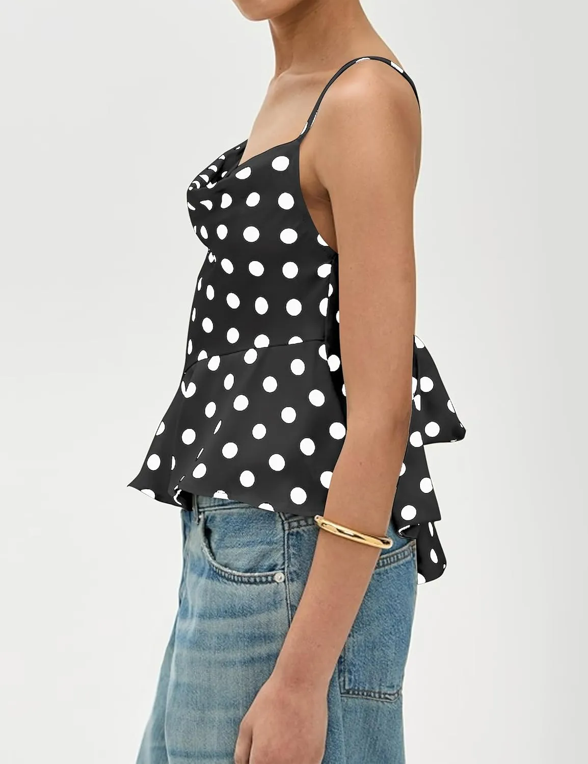 Womens Polka Dot Satin Tank Tops Cowl Neck Tie Back Sleeveless Shirts Asymmetrical Ruffle Hem Camisole Crop Tops