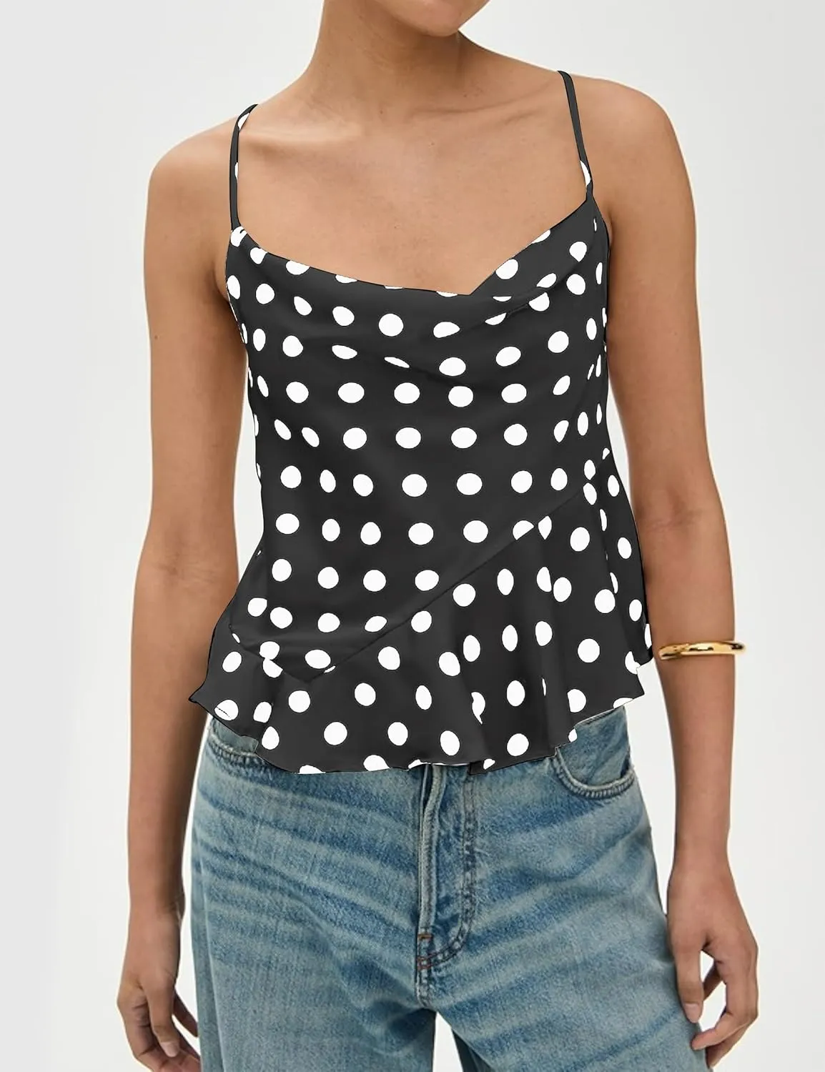 Womens Polka Dot Satin Tank Tops Cowl Neck Tie Back Sleeveless Shirts Asymmetrical Ruffle Hem Camisole Crop Tops