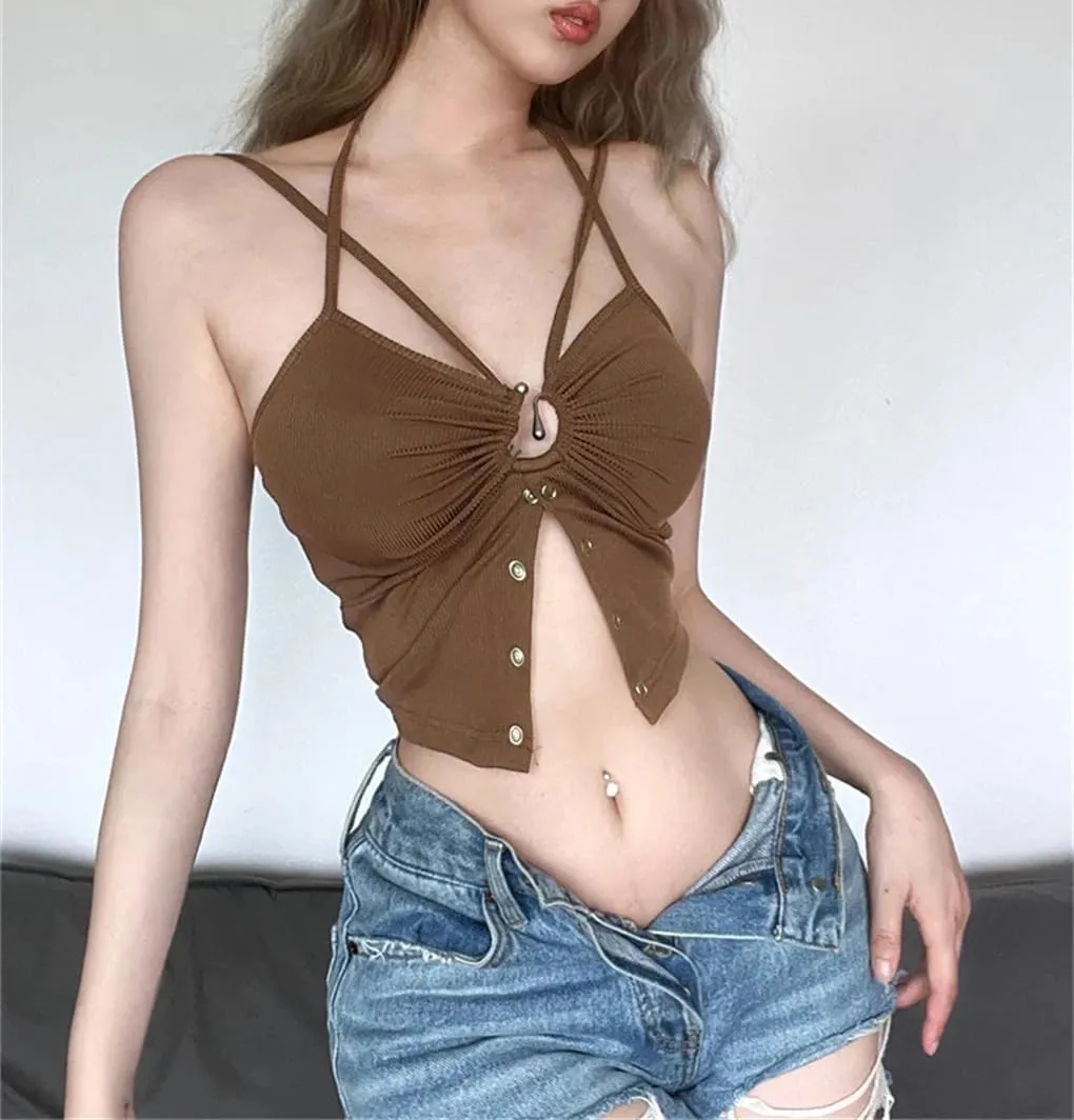 Women's Retro Solid Color Minimalist Y2k Hollow Out Single Breasted Slim Fit Camisole
