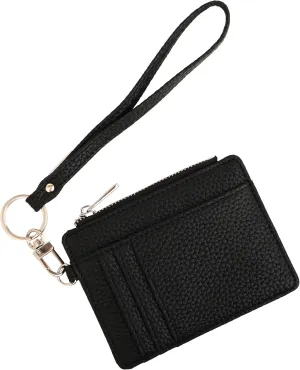 Women's RFID Blocking Slim Card Case with Zipper, Keychain, and Wristlet. Minimalist Card Holder Pocket Wallet, Black
