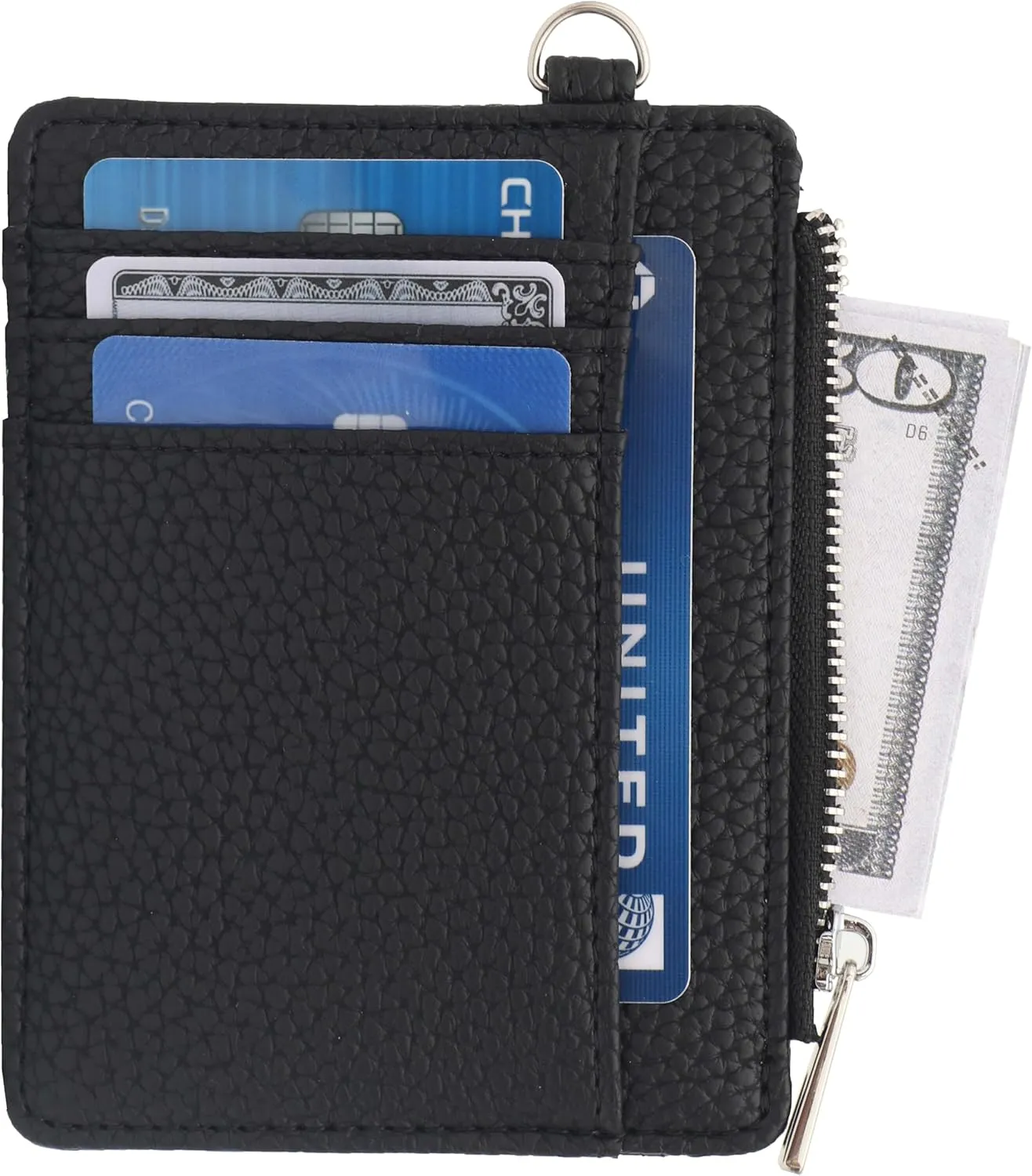 Women's RFID Blocking Slim Card Case with Zipper, Keychain, and Wristlet. Minimalist Card Holder Pocket Wallet, Black