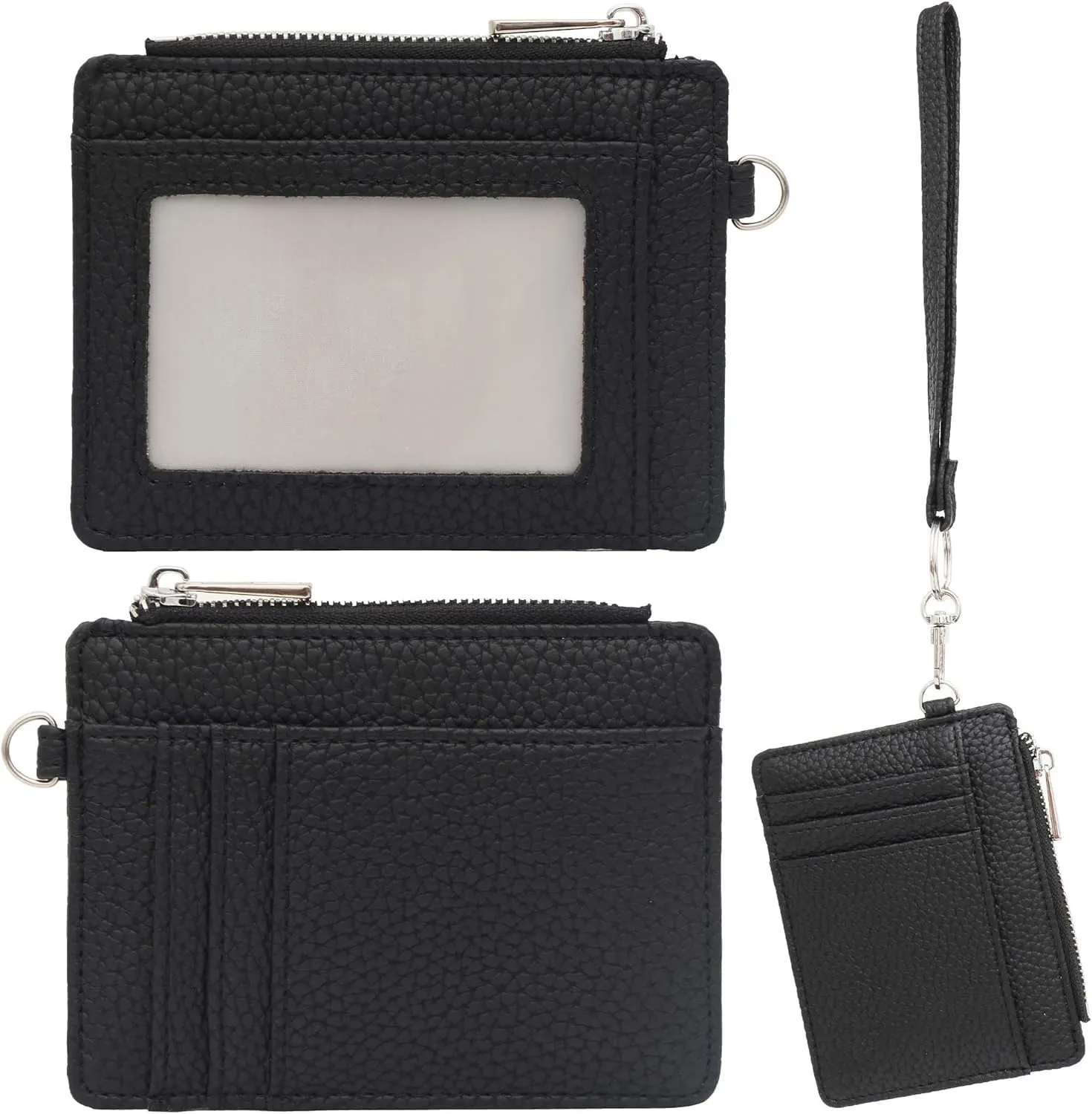 Women's RFID Blocking Slim Card Case with Zipper, Keychain, and Wristlet. Minimalist Card Holder Pocket Wallet, Black