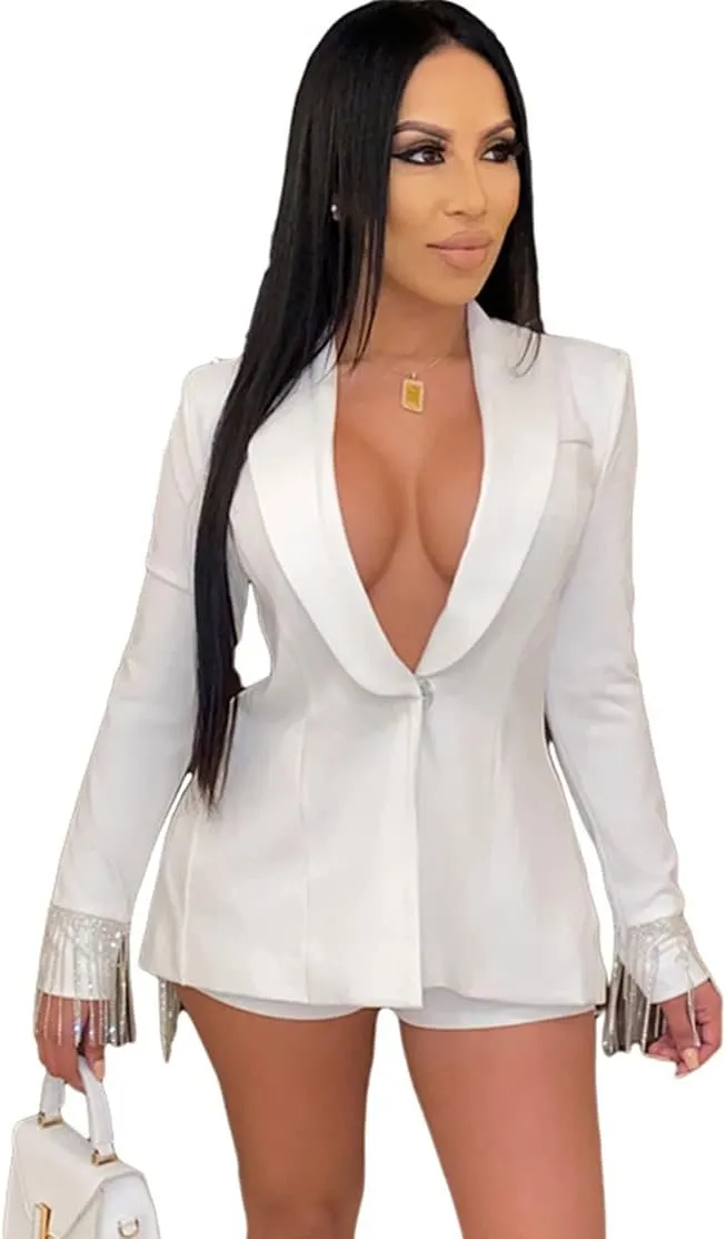 Womens Sexy 2 Pieces Back Slit Tassel Blazer Jackets Bodycon Shorts Party Casual Elegant Business Suit Outfits Set(Tassel White,L)
