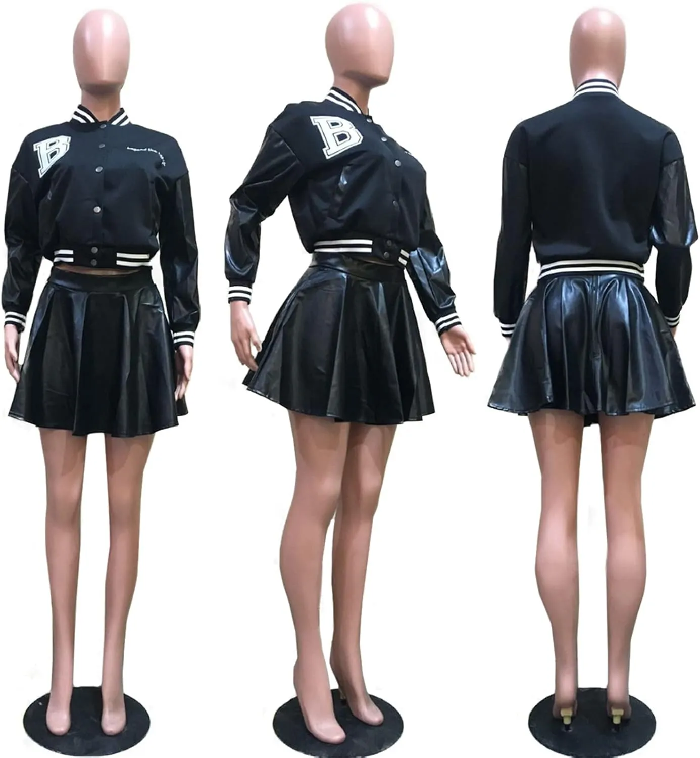 Womens Sexy 2 Pieces Button Baseball Jackets Coat Bodycon PU Leather Pleated Skirts Party Clubwear Dress Outfits Set