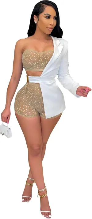 Womens Sexy 3 Pieces Rhinestone Crop Tops Bodycon Shorts Blazer Jackets Party Clubwear Tracksuit Outfits Set