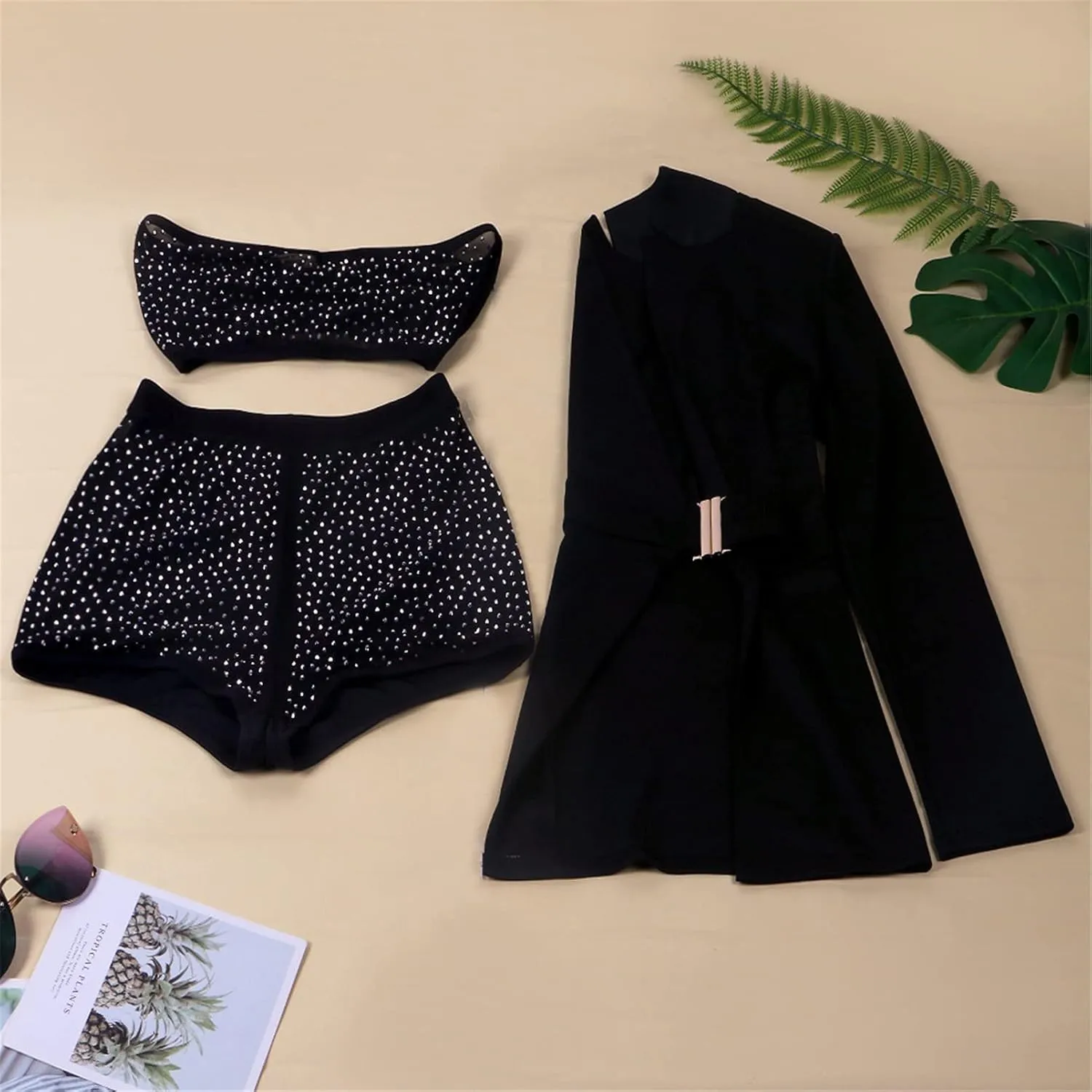 Womens Sexy 3 Pieces Rhinestone Crop Tops Bodycon Shorts Blazer Jackets Party Clubwear Tracksuit Outfits Set