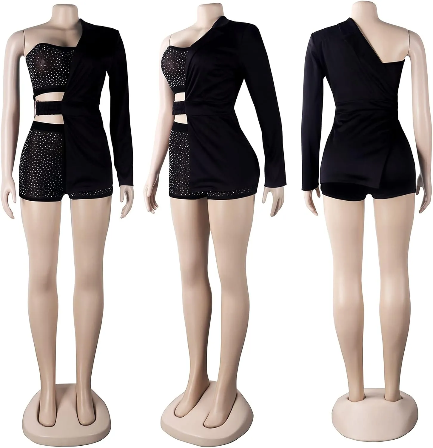 Womens Sexy 3 Pieces Rhinestone Crop Tops Bodycon Shorts Blazer Jackets Party Clubwear Tracksuit Outfits Set