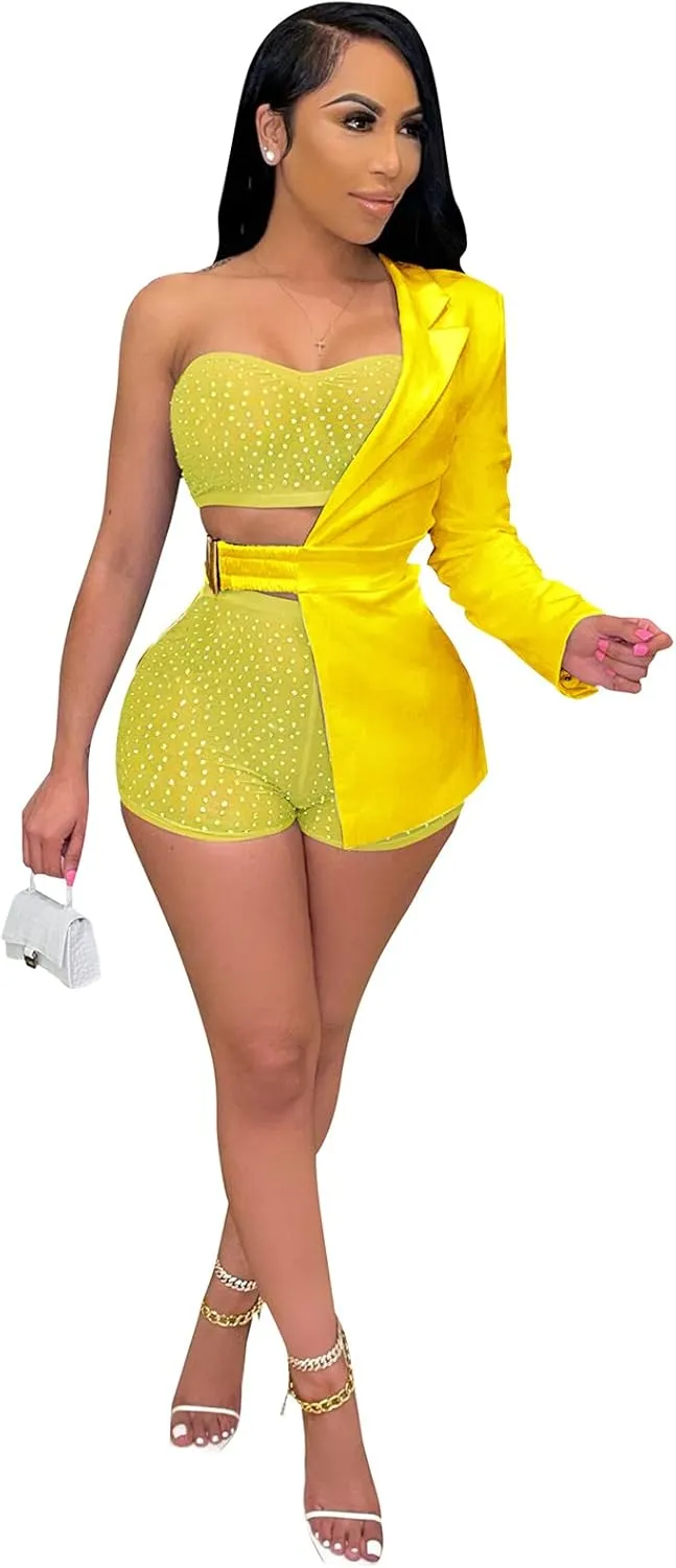 Womens Sexy 3 Pieces Rhinestone Crop Tops Bodycon Shorts Blazer Jackets Party Clubwear Tracksuit Outfits Set