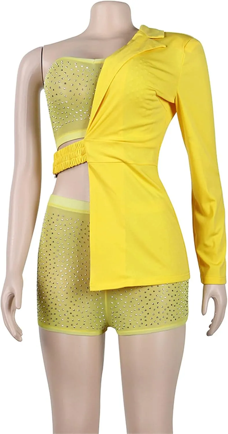 Womens Sexy 3 Pieces Rhinestone Crop Tops Bodycon Shorts Blazer Jackets Party Clubwear Tracksuit Outfits Set