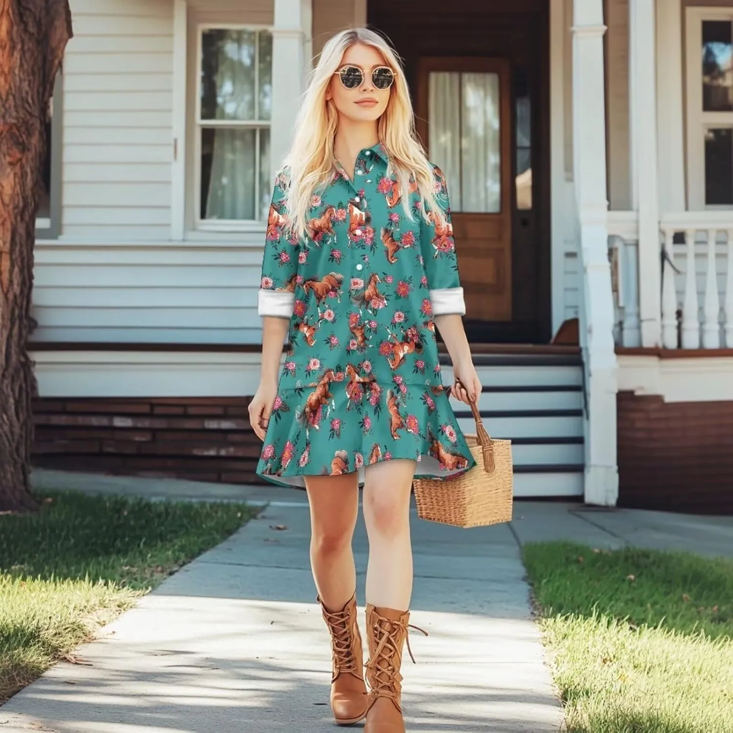 Women's Shirt Mini Dress Soft V-Neck Button Down Shift Mini Dress Casual Long Sleeve Ruffle Hem Flowy Dresses