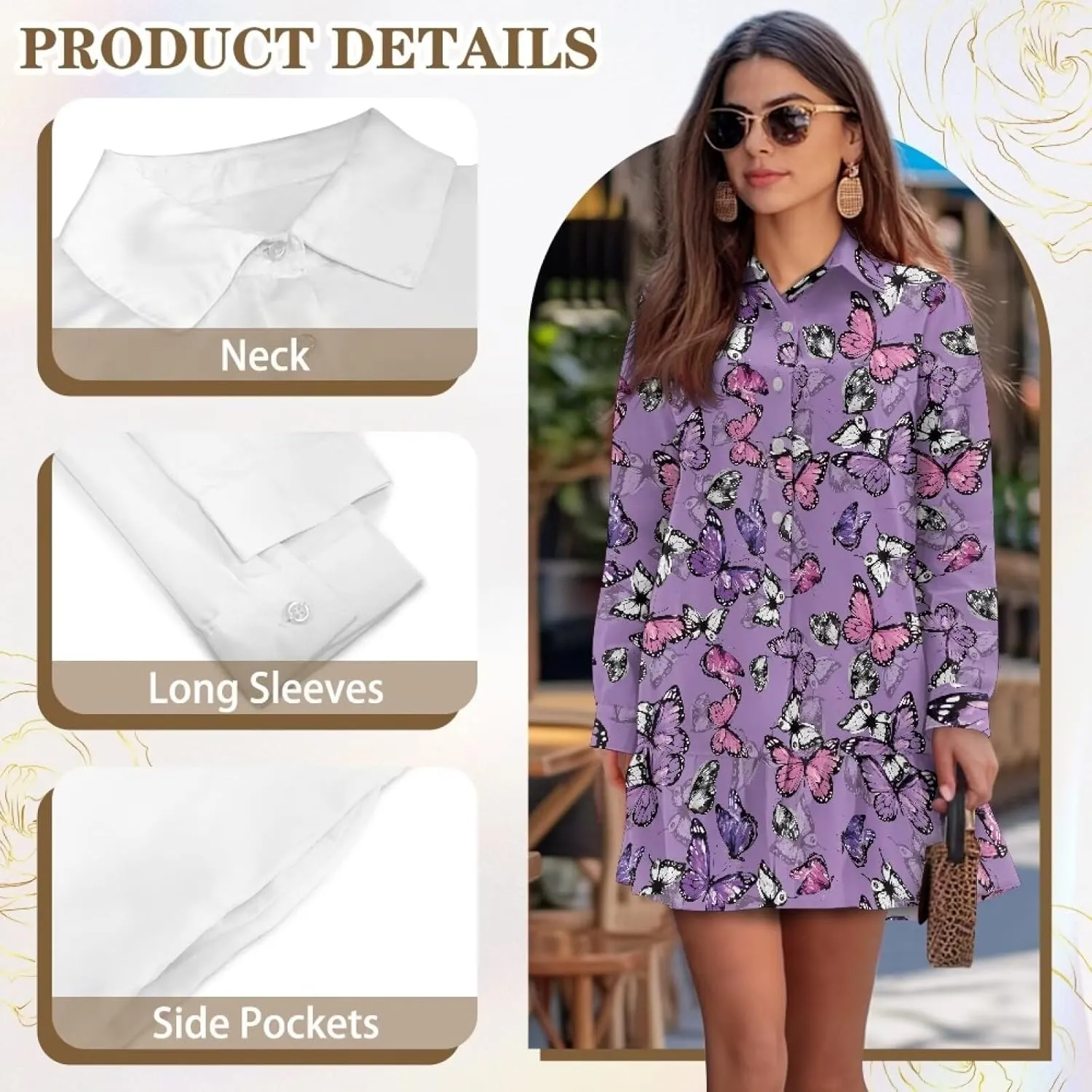 Women's Shirt Mini Dress Soft V-Neck Button Down Shift Mini Dress Casual Long Sleeve Ruffle Hem Flowy Dresses
