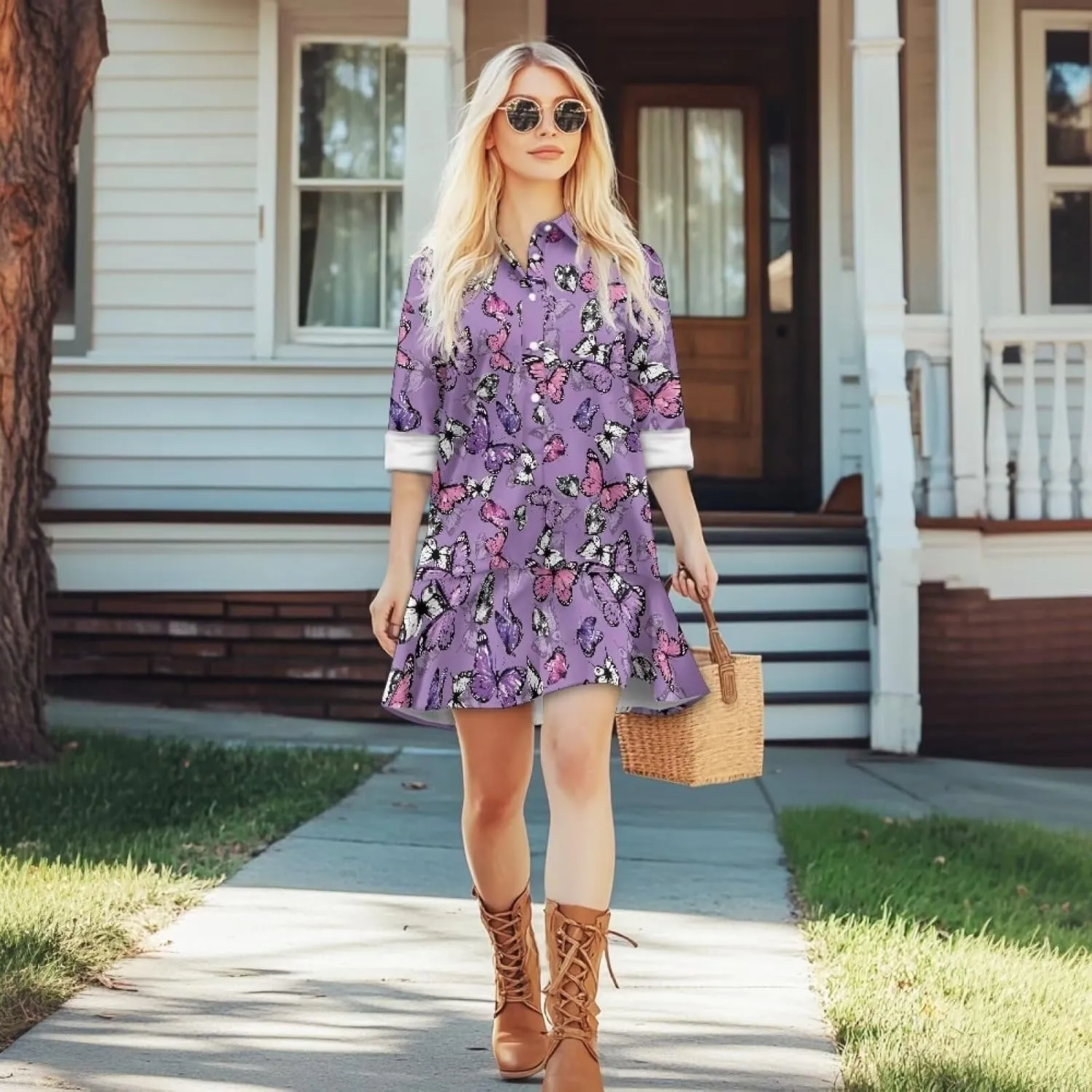 Women's Shirt Mini Dress Soft V-Neck Button Down Shift Mini Dress Casual Long Sleeve Ruffle Hem Flowy Dresses