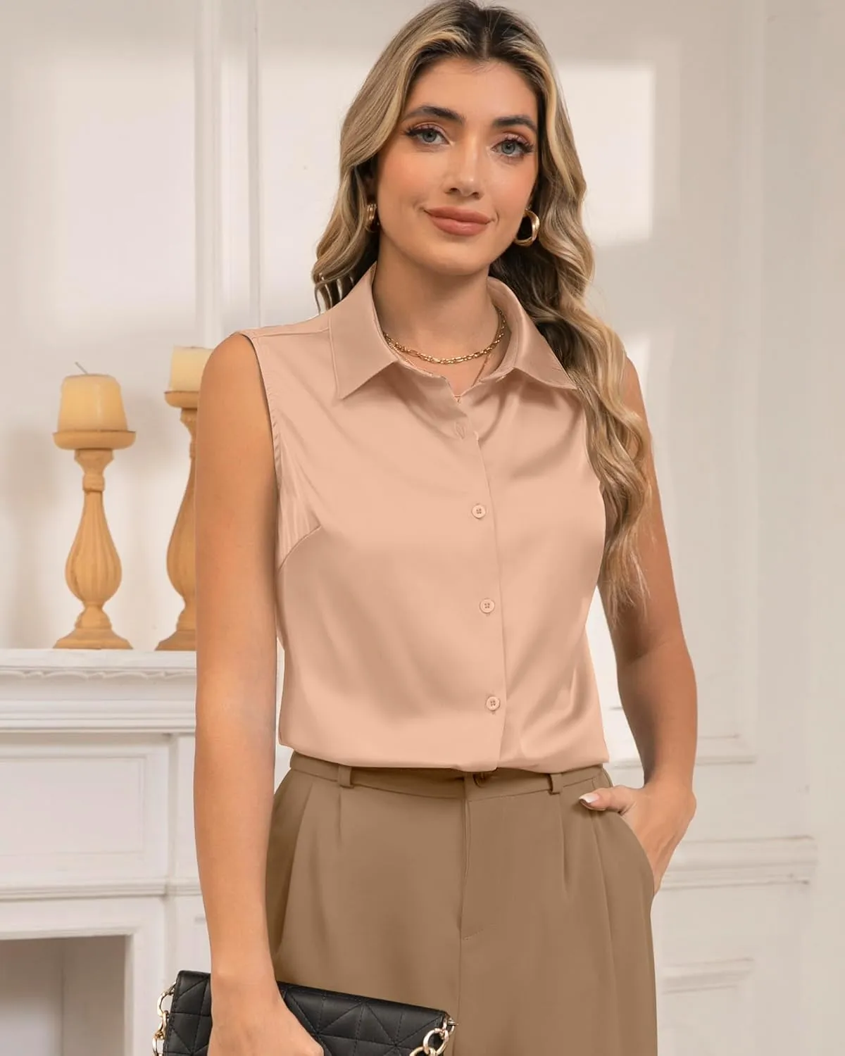 Womens Sleeveless Button Down Shirt Silky Satin Blouse Business Work Summer Tank Top 2025