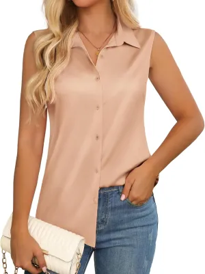 Womens Sleeveless Button Down Shirt Silky Satin Blouse Business Work Summer Tank Top 2025
