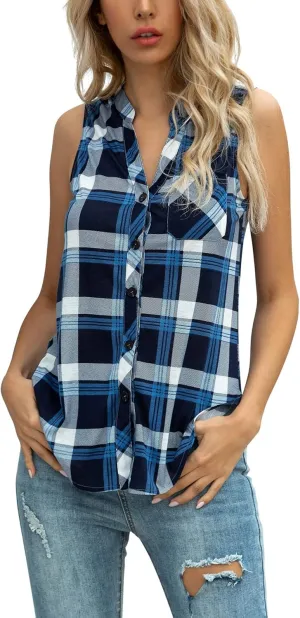 Women's Sleeveless Button Down V Neck Casual Plaid Shirts Tank Tops Blouse
