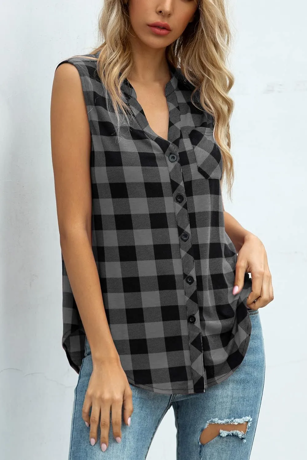 Women's Sleeveless Button Down V Neck Casual Plaid Shirts Tank Tops Blouse