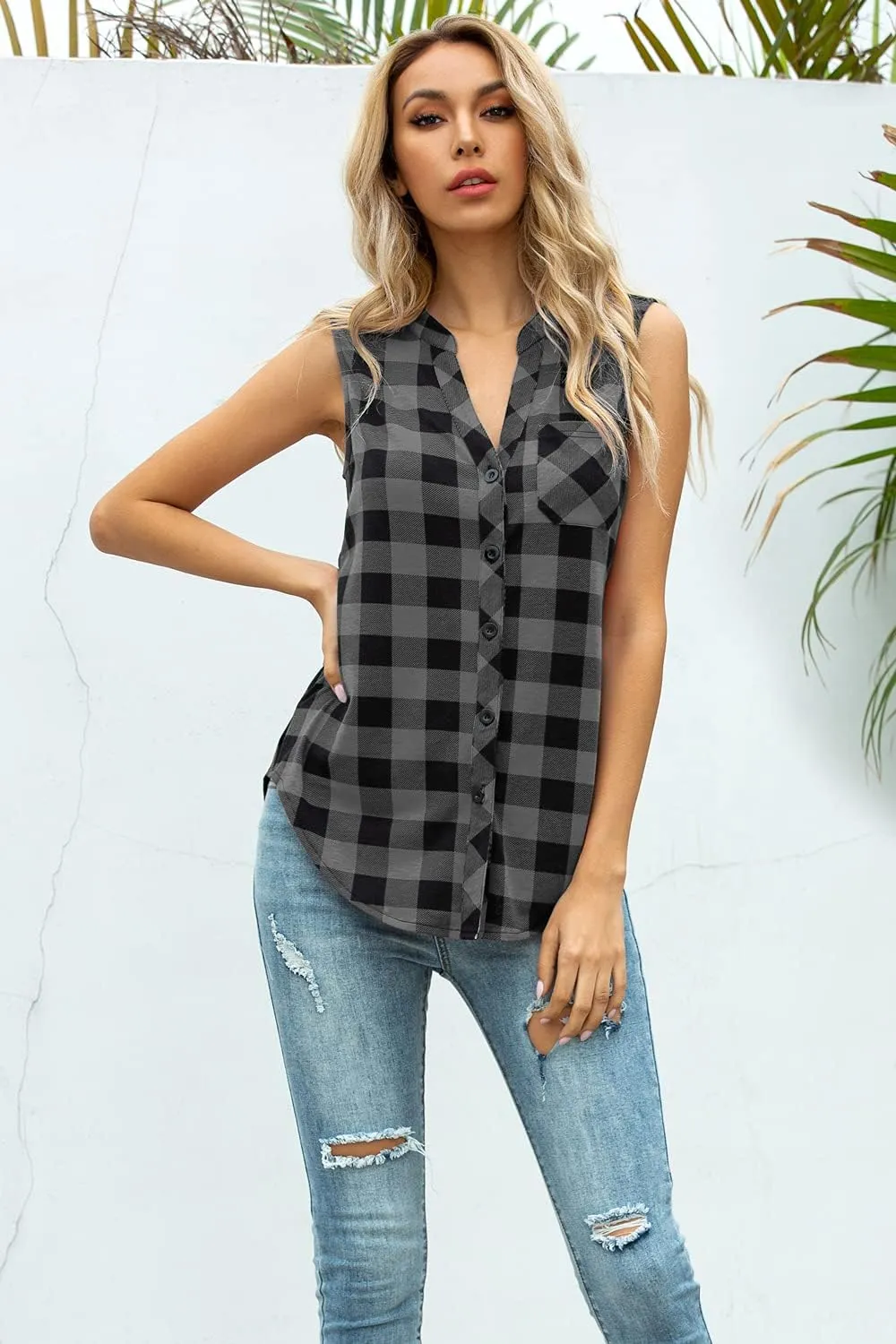 Women's Sleeveless Button Down V Neck Casual Plaid Shirts Tank Tops Blouse