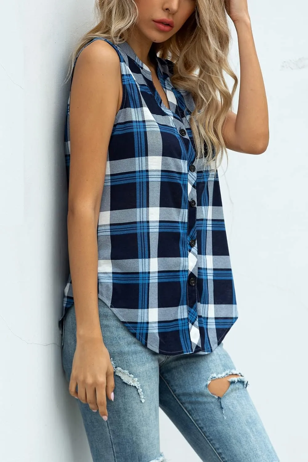 Women's Sleeveless Button Down V Neck Casual Plaid Shirts Tank Tops Blouse