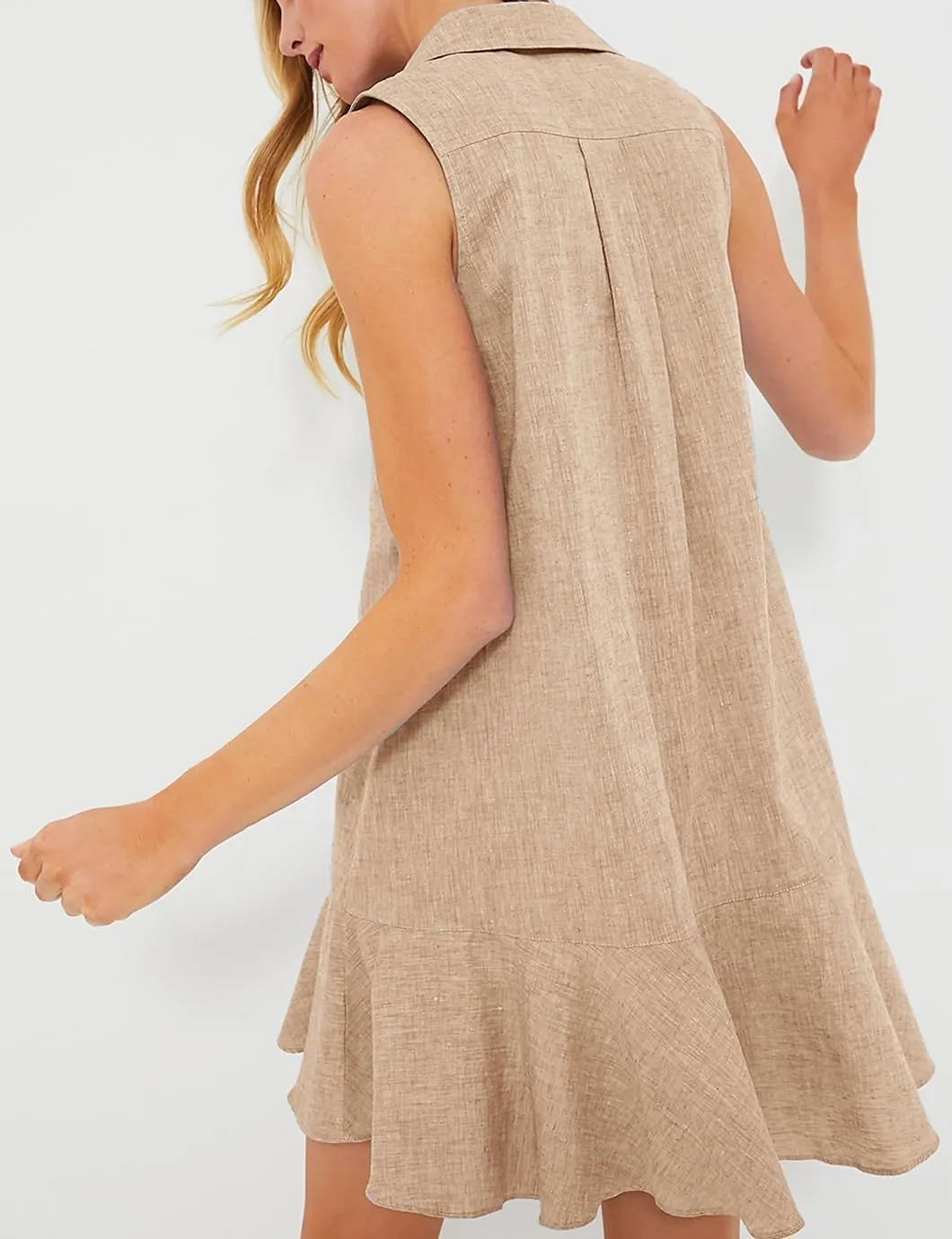 Women's Sleeveless Shirt Dress Summer Collared Button Down Ruffle Hem Tank Mini Dress