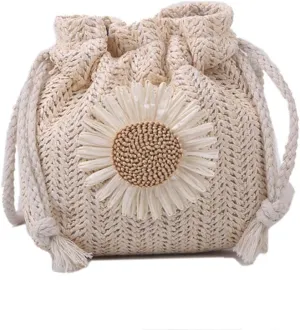 Women's Straw Woven Crossbody Bags Cute Handwoven Bucket Bag Lovely Flower Shoulder for Summer Beach