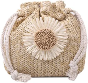 Women's Straw Woven Crossbody Bags Cute Handwoven Bucket Bag Lovely Flower Shoulder for Summer Beach