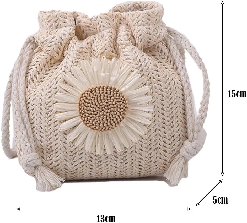 Women's Straw Woven Crossbody Bags Cute Handwoven Bucket Bag Lovely Flower Shoulder for Summer Beach