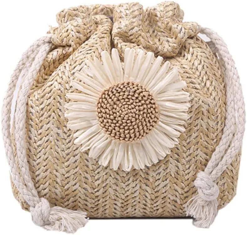 Women's Straw Woven Crossbody Bags Cute Handwoven Bucket Bag Lovely Flower Shoulder for Summer Beach
